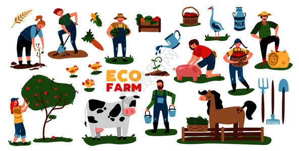 生态农业集图像与植物,农场动物设备涂鸦人物的人矢量插图图片