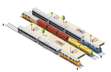 火车站等距成与客运平台,隧道,楼梯,入口,货运列车双层矢量插图图片