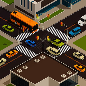 彩色城市等距构图与道路人行横道城市中心矢量插图图片