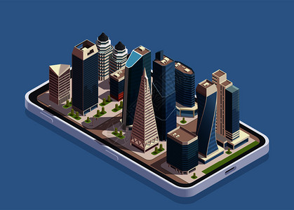 城市摩天大楼等距与智能手机身体块现代建筑顶部的屏幕矢量插图图片
