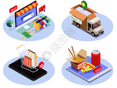 四个购物电子商务等距合与图像的消费电子象形图商品矢量插图图片