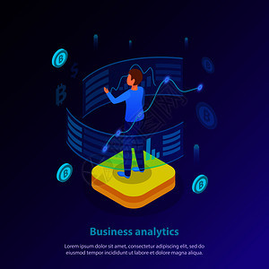 商业分析辉光等距背景海报与交互式数据分析金融货币符号矢量插图图片