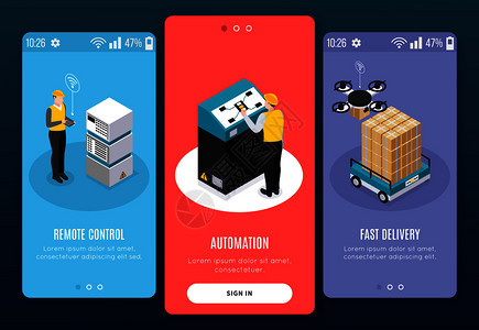 等距智能行业横幅与远程控制自动化快速交付标题矢量插图图片