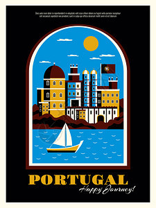 葡萄牙旅游海报与建筑物,海洋船只符号平矢量插图图片