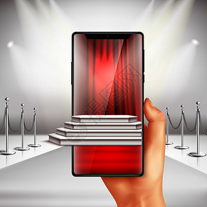 全屏智能手机红地毯颁奖典礼准备与增强现实应用现实构图矢量插图图片