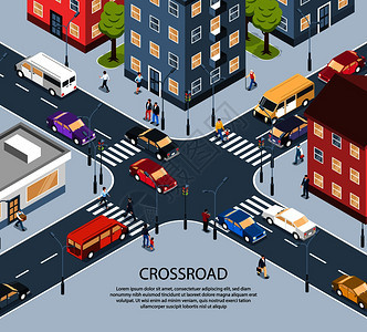 城市城镇四通交叉口十字路等距视海报与红绿灯行人斑马线矢量插图图片