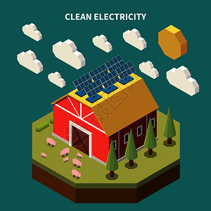 电力等距成与农场谷仓建筑与太阳能电池板安装屋顶矢量插图图片