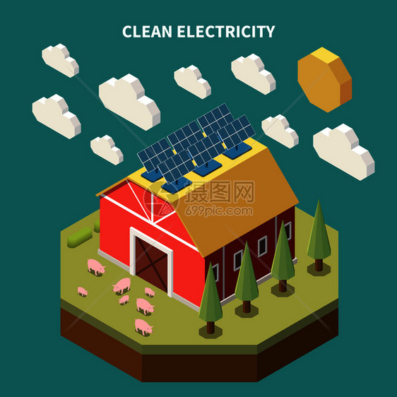 电力等距成与农场谷仓建筑与太阳能电池板安装屋顶矢量插图图片