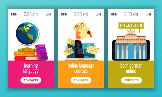 语言培训中心3个垂直彩色横幅广告认证线课程与字典文凭平矢量插图图片