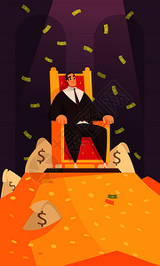 富人财富象征卡通构图与百万富翁宝座上的黄金坐骑沐浴金钱矢量插图图片