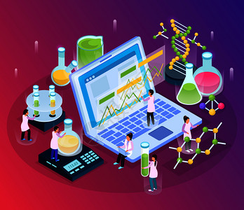 科学研究等距辉光成与小人物人物各种实验室材料与笔记本电脑矢量插图图片