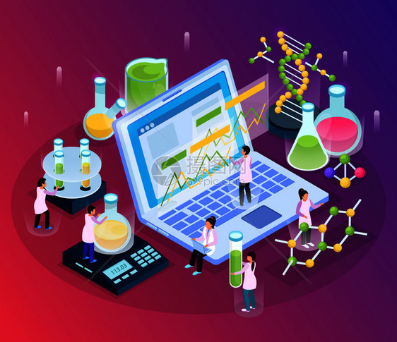 科学研究等距辉光成与小人物人物各种实验室材料与笔记本电脑矢量插图图片