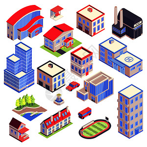 城市功能等距城市交通建筑环境集与同功能矢量图的现代城市建筑孤立图像插画