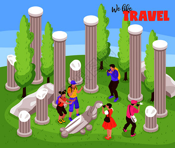希腊神庙旅行旅行,度假旅行等距构图与游客的古董地标雕塑支柱,制作照片矢量插图插画
