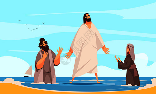 经叙事耶稣水的构图与涂鸦的格,基督水上行走与祈祷的人矢量插图背景图片