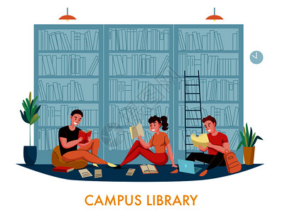 大学校园图书馆书柜平构成与学生阅读书籍文章与书架背景矢量插图图片