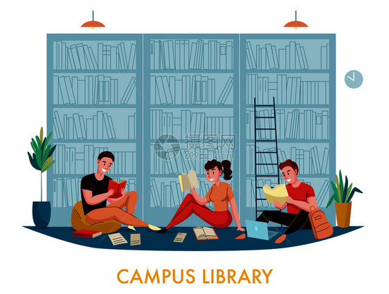 大学校园图书馆书柜平构成与学生阅读书籍文章与书架背景矢量插图图片