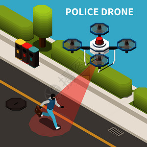 无人机四翼直升机等距成与户外视野的无人机,以追求犯罪特征矢量插图图片