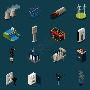 16个电力等距图标与各种国内工业电气基础设施元素矢量插图的图像图片