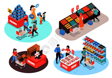 超市4等距构图与水果,蔬菜,肉类,家禽,杂货,促销部分,客户矢量插图图片