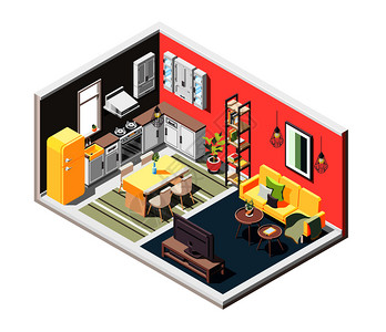 阁楼内部等距构图,概述舒适的工作室公寓分为厨房生活区矢量插图图片