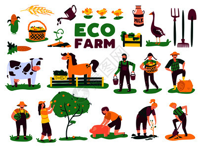 生态农业收获集与农场动物植物的孤立图像涂鸦人物的人矢量插图图片