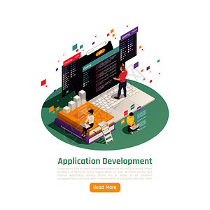应用程序开发等距背景成与可编辑文本阅读更多按钮图像的工作人员矢量插图图片