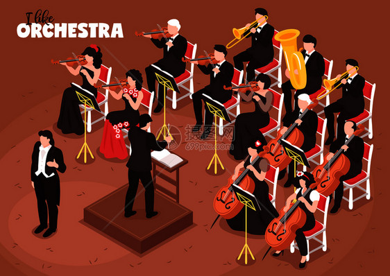 古典音乐管弦乐队等距构图与歌手指挥表演小提琴大提琴低音演奏家矢量插图图片