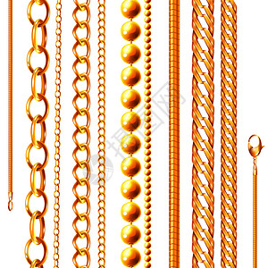 现实的链集,黄金珠宝链,各种形状阴影空白背景矢量插图图片