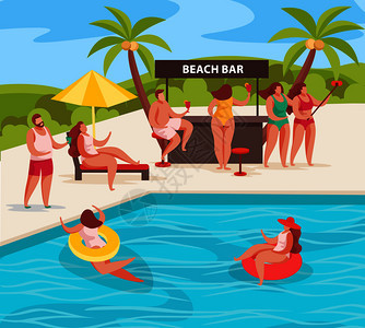 夏季派成与户外景观人文人物放松人海滩酒吧游泳池矢量插图图片