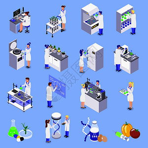 生物工程基因技术等距图标与实验室基因DNA植物食品分离载体插图图片