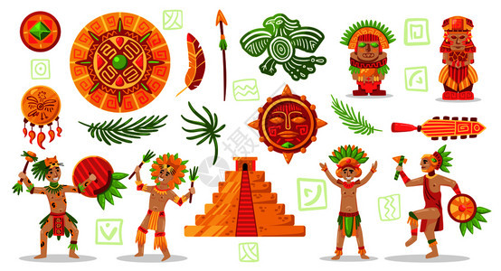 玛雅文明文化集涂鸦风格人物玛雅人部落珠宝项目矢量插图背景图片