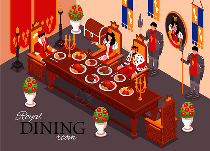 等距城堡皇家内部膳食成与文字室内查看餐厅宫殿矢量插图图片