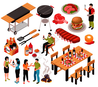 等距烧烤烧烤烧烤派与图像食品配料表人类人物矢量插图图片
