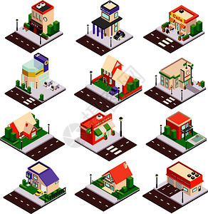 现代城市建筑等距建筑收集与住宅,咖啡馆,派出所,银行,医院,孤立矢量插图图片