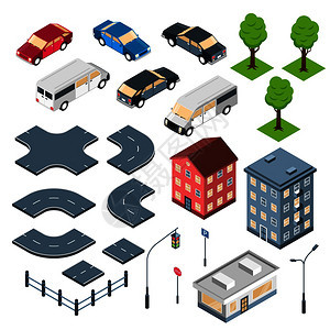 城市建设者等距与道路要素交叉城镇建筑汽车孤立矢量插图图片