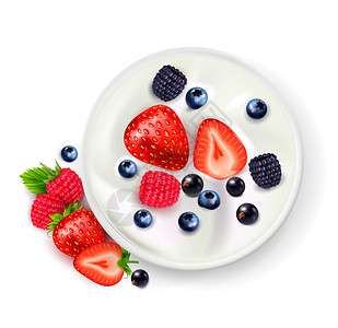 浆果水果酸奶现实的成与酸奶的顶部视图可以与成熟浆果阴影矢量插图图片