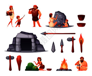 史前石器时代的穴居人家庭岩画开火工具平矢量插图图片