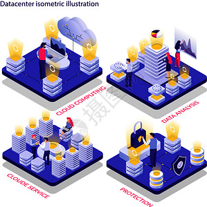 数据中心4等距成与云计算服务数据分析保护孤立向量插图图片