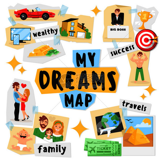 梦想视觉板构图与彩色卡通形象的梦想目标照片的幸福家庭矢量插图图片