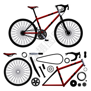 真实的自行车零件集自行车元素建立模型图像的空白背景矢量插图图片