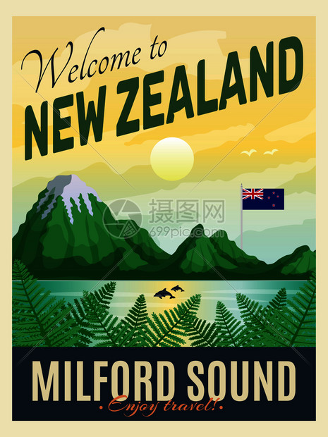 新西兰垂直海报与可编辑的复古风格文本米尔福德声音峡湾地标矢量插图图片