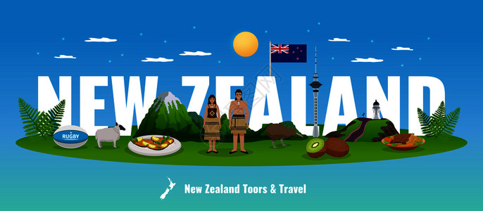 新西兰森林新西兰水平构图,大文本背后的动植物元素与当地人矢量插图插画