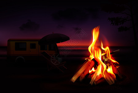 夜自然现实的背景下燃烧篝火包车项目的休息矢量插图图片