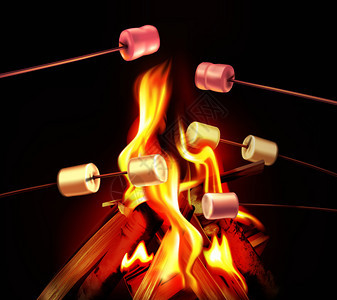 篝火黑暗的夜晚,现实的背景,明亮的火焰木桩木棒与香肠矢量插图图片