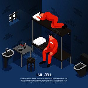 牢房内部背景与金属棒窗户马桶水槽两个囚犯双层床等距矢量插图图片