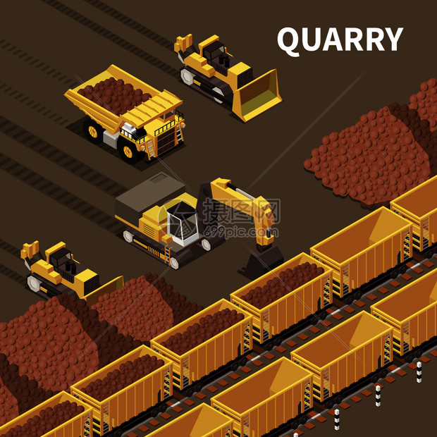 矿山机械背景与卡车挖掘机装载岩石三维矢量插图图片
