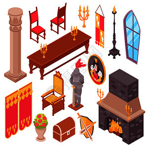等距中世纪城堡皇家大厅内部套内部拟合图像家具矢量插图图片