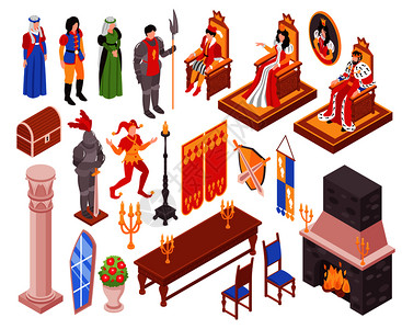 等距城堡内部王室与家具人类人物的朝臣矢量插图图片