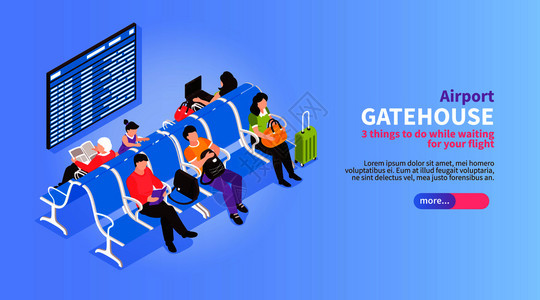 等距机场水平横幅与乘客等待飞与可编辑文本按钮矢量插图图片